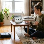 Person reading robotic vacuum cleaner reviews on a laptop while a robot mop cleans the floor beside them