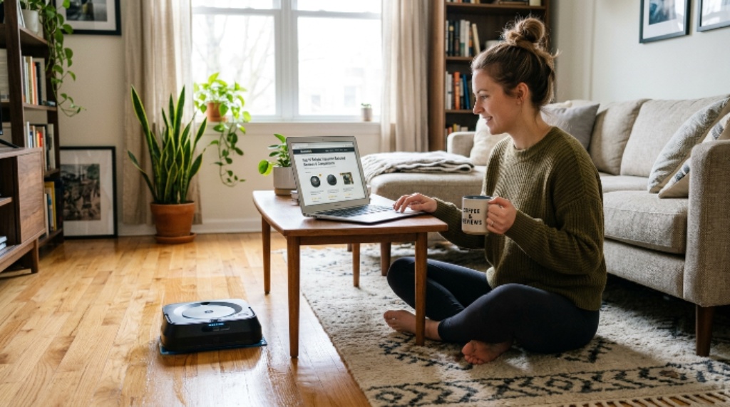 Person reading robotic vacuum cleaner reviews on a laptop while a robot mop cleans the floor beside them