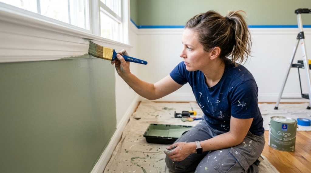 A person holding an angled paint brush while carefully cutting in along a wall edge during a home painting project