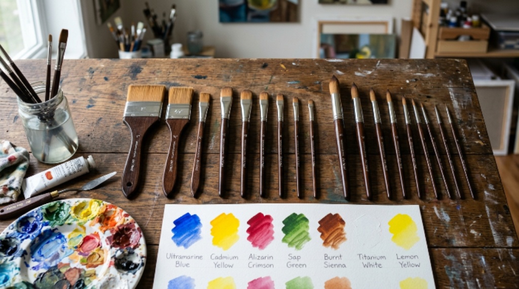 A set of professional paint brushes arranged by size and shape on a wooden work surface with paint swatches