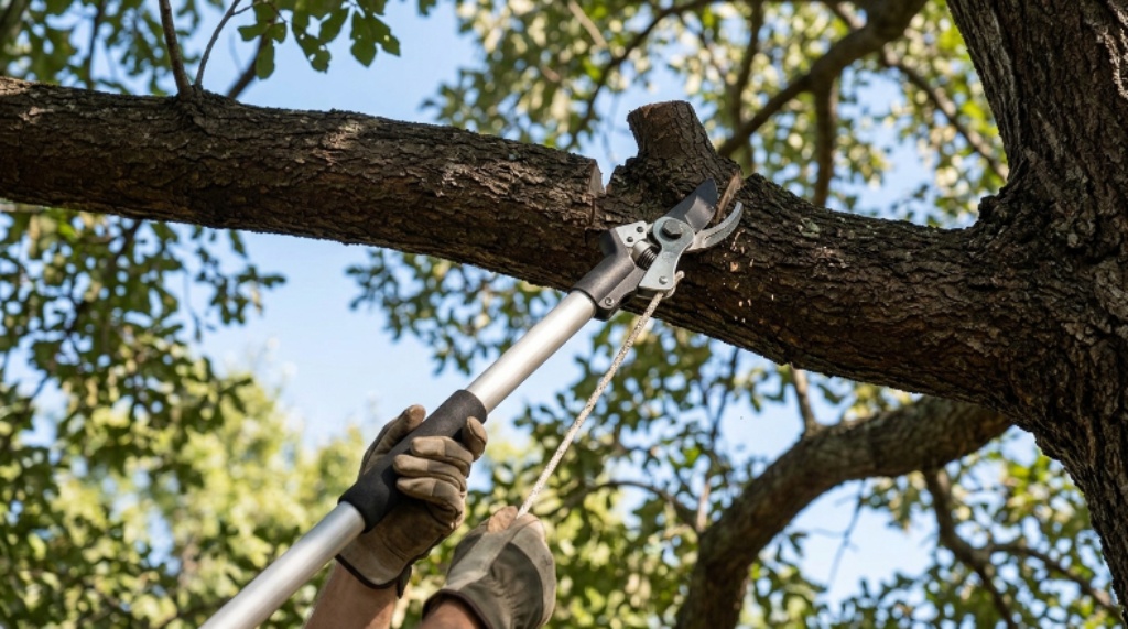 Close-up of a long reach pruner cutting through a thick overhead branch with proper three-cut technique