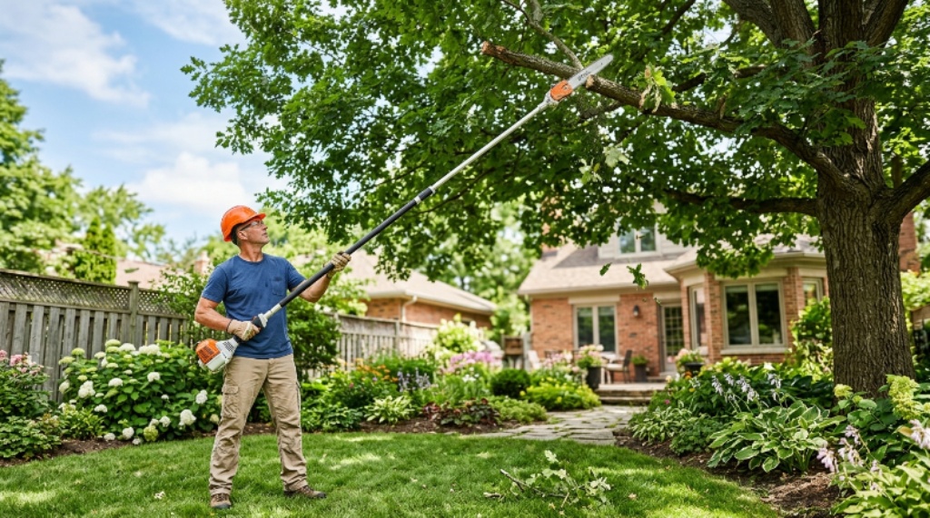 Gardener using an extendable pole saw to safely trim a tall tree branch from the ground in a sunny backyard