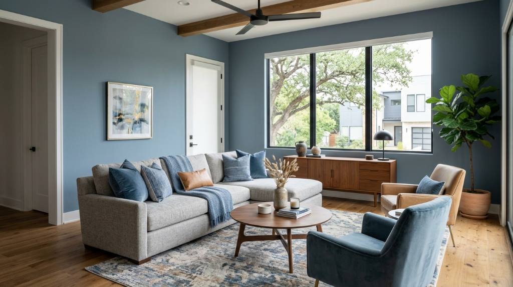 Modern Austin living room with dusty blue walls, neutral sofa, and natural wood furniture