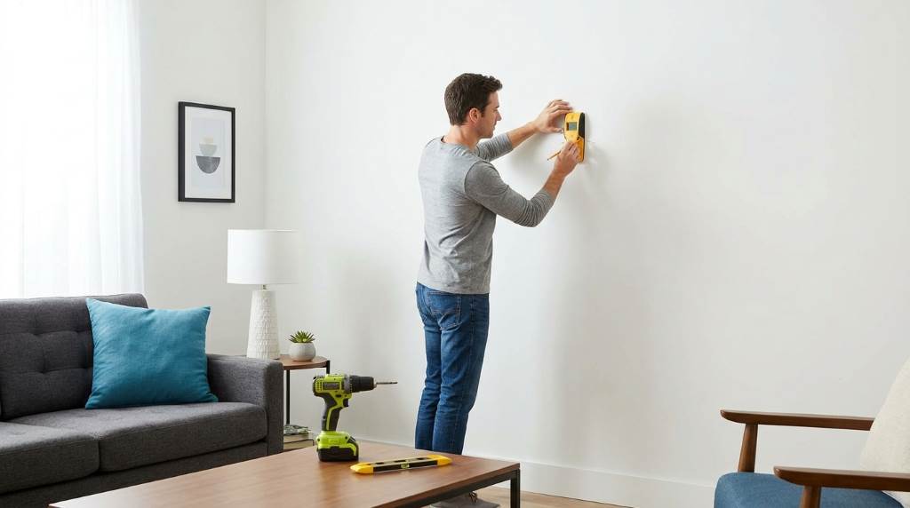 Homeowner measuring shelf brackets before installation