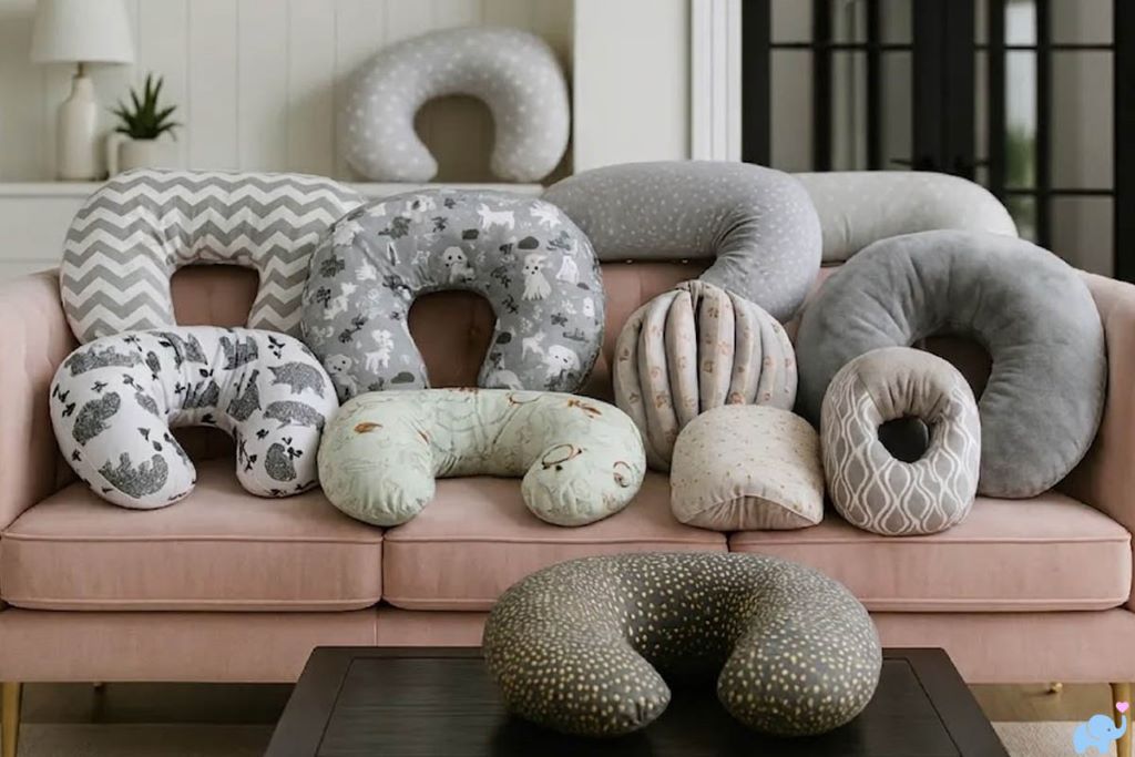 Close-up of ergonomic baby nursing pillow on a bed