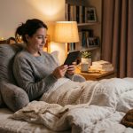 Person relaxing in bed comfortably supported by a plush reading pillow.