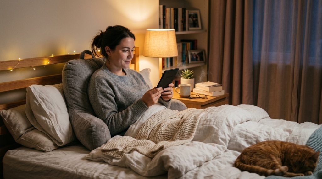 Person relaxing in bed comfortably supported by a plush reading pillow.