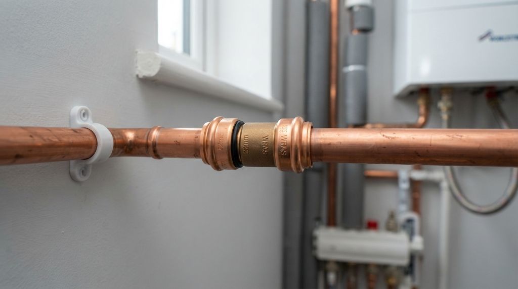 Copper push-fit fitting used on a central heating pipe