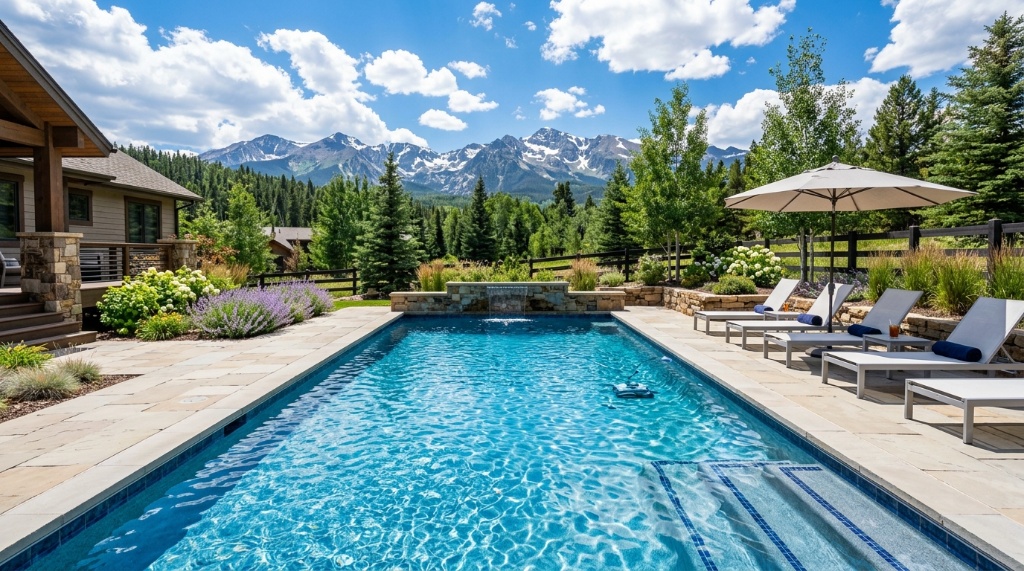 Crystal clear backyard swimming pool surrounded by scenic Colorado mountain views.
