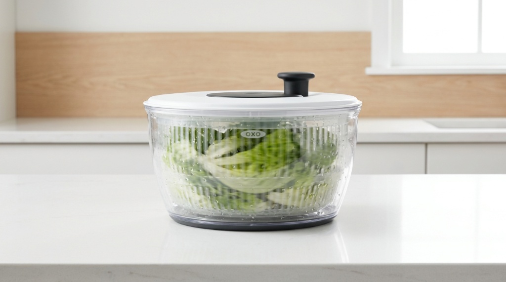 OXO salad spinner on a kitchen counter spinning fresh greens.